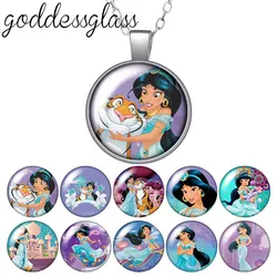 Disney Princess Jasmine Aladdin Lamp Round Photo Glass cabochon silver plated pendant necklace jewelry Gift