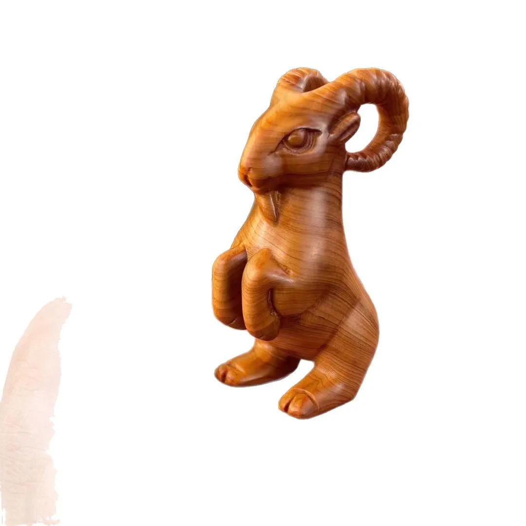 Solid Wood Carving Zodiac Goat Ornament, Hand‑made Pocket Hand Grip, Traditional Chinese Mini Tabletop Display Art Present