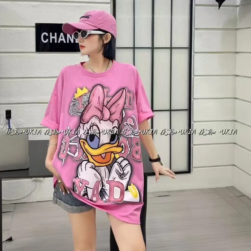 

Oversized T Shirt Korean Version Harajuku Top Summer New Cartoon Minnie Print Medium Long Short Sleeved T Shirt Women Loose Tops