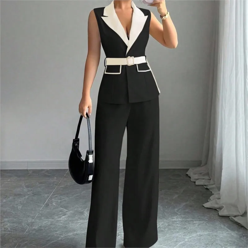 Vest Suit Women Wide Leg Pants Waistcoat 2 Piece Sets Sleeveless Jacket Belt Tight Waist Outfits Trousers Office Lady Ensemble view 3