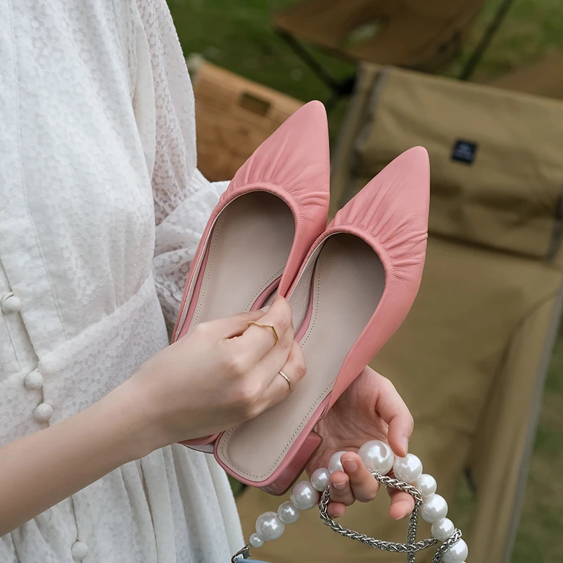 Women Mules Spring Summer Slippers Elegant Ladies Footwear Pointed Toe Pleated Toe Cowhide Concise Comfortable Casual Flats