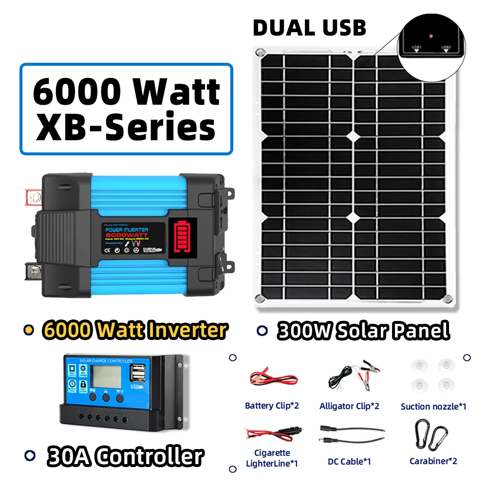 Sistema Solar Pacote com Quatro Portas USB, Controlador de Carregamento Exterior, Controlador Solar, Painel, 6000W, 18W, 110V, 220V, 12V, Tensão de Saída, 30A