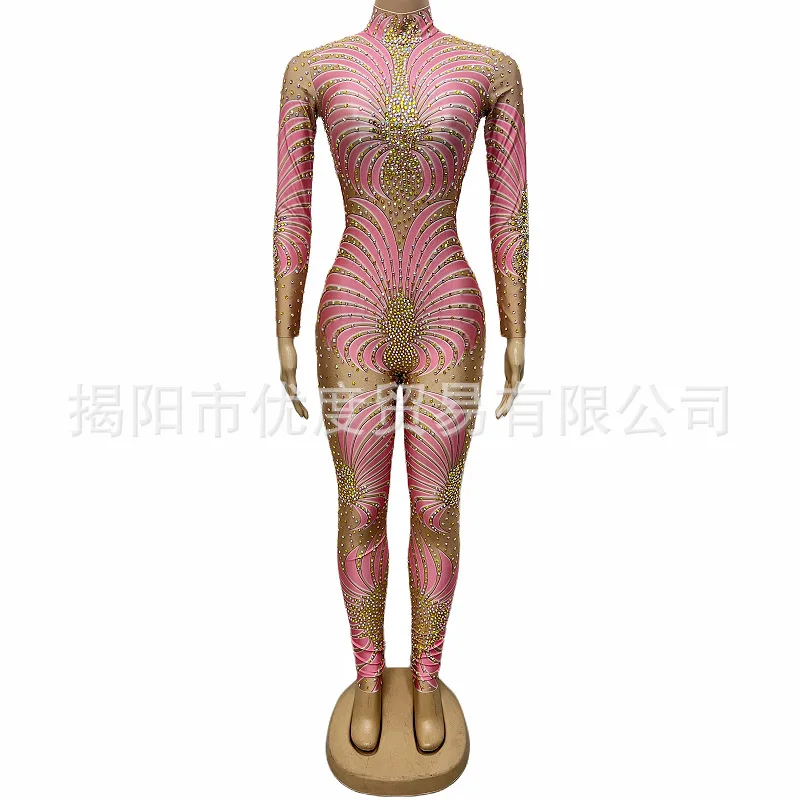 섹시한 라인스톤 점프수트 반짝이는 무대 의상 파티 의상 블랙 앤 화이트 핑크 드레스 해바라기 여성 드레스 이브닝 드레스 우아한