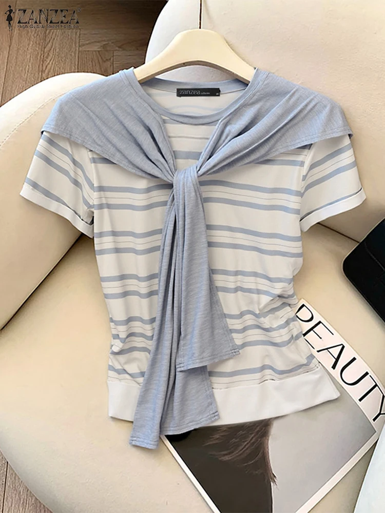 ZANZEA 2025 Vrouwen Streep Blouse Casual Losse Sjaal Tops Mode O-hals Tuniek Oversized Patchwork Korte Mouw Trui S-3XL