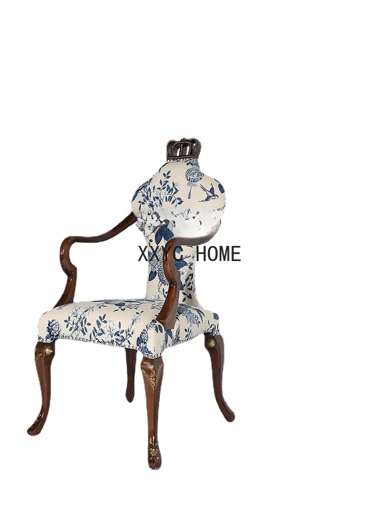 Antique Style Blue and White Crown Dining Chair High-End Solid Wood Armrest Dining Table and Chair Dining Room and Study Room