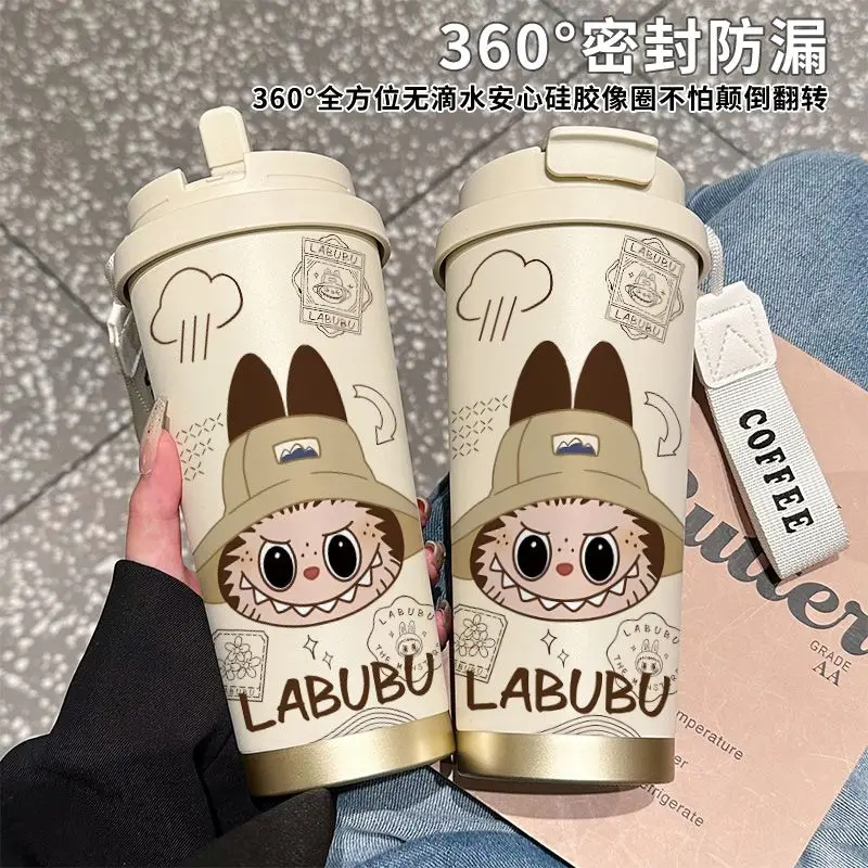 New cute cartoon detective labubu large capacity portable high-value niche campus double drinking cup straw car coffee cup