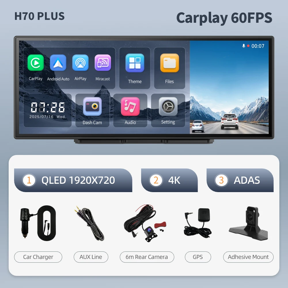 Imagebon H70 Plus 11.4" 4K QLED Auto DVR Draadloze CarPlay & Android Auto ADAS Dashcam WiFi AUX GPS Navigatie Loop Recording