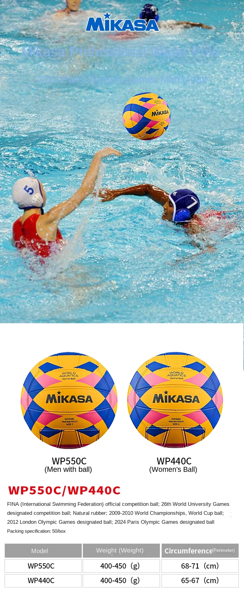 Water Polo WP550C Men's WP440C Women's Swimming Inflatable Rubber Standard Game Ball Aquatic Sports