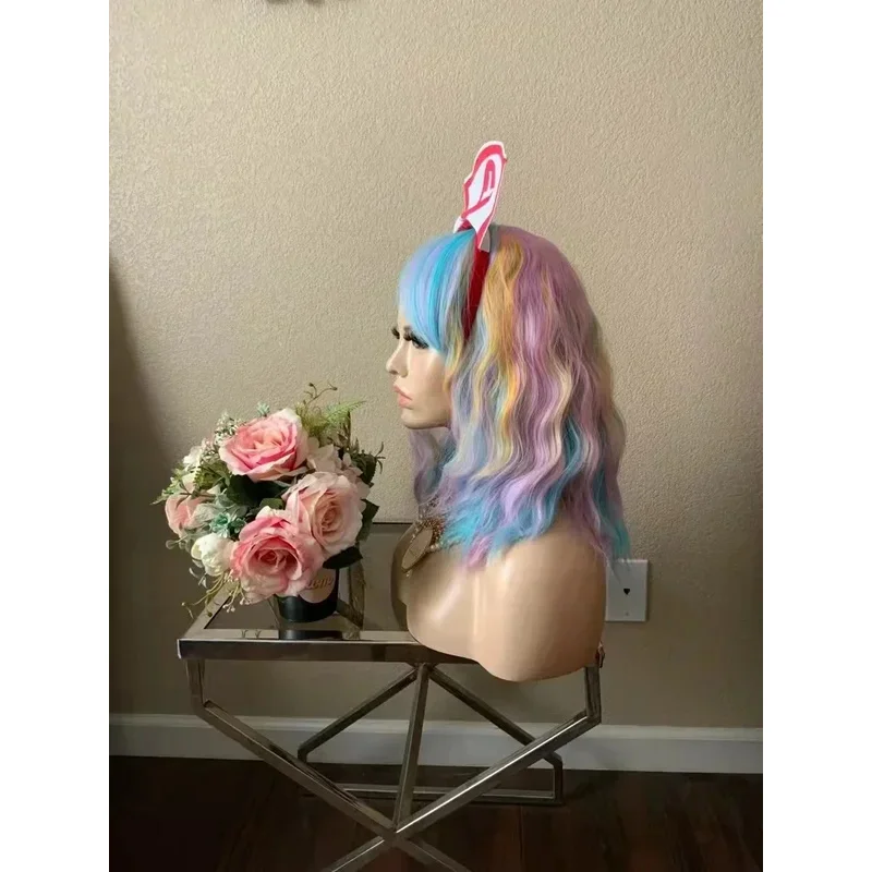 

COSda@ Wigs Women Short Water Wavy With Bangs Girls Hair Wig Rainbow Multi Color Cosplay P