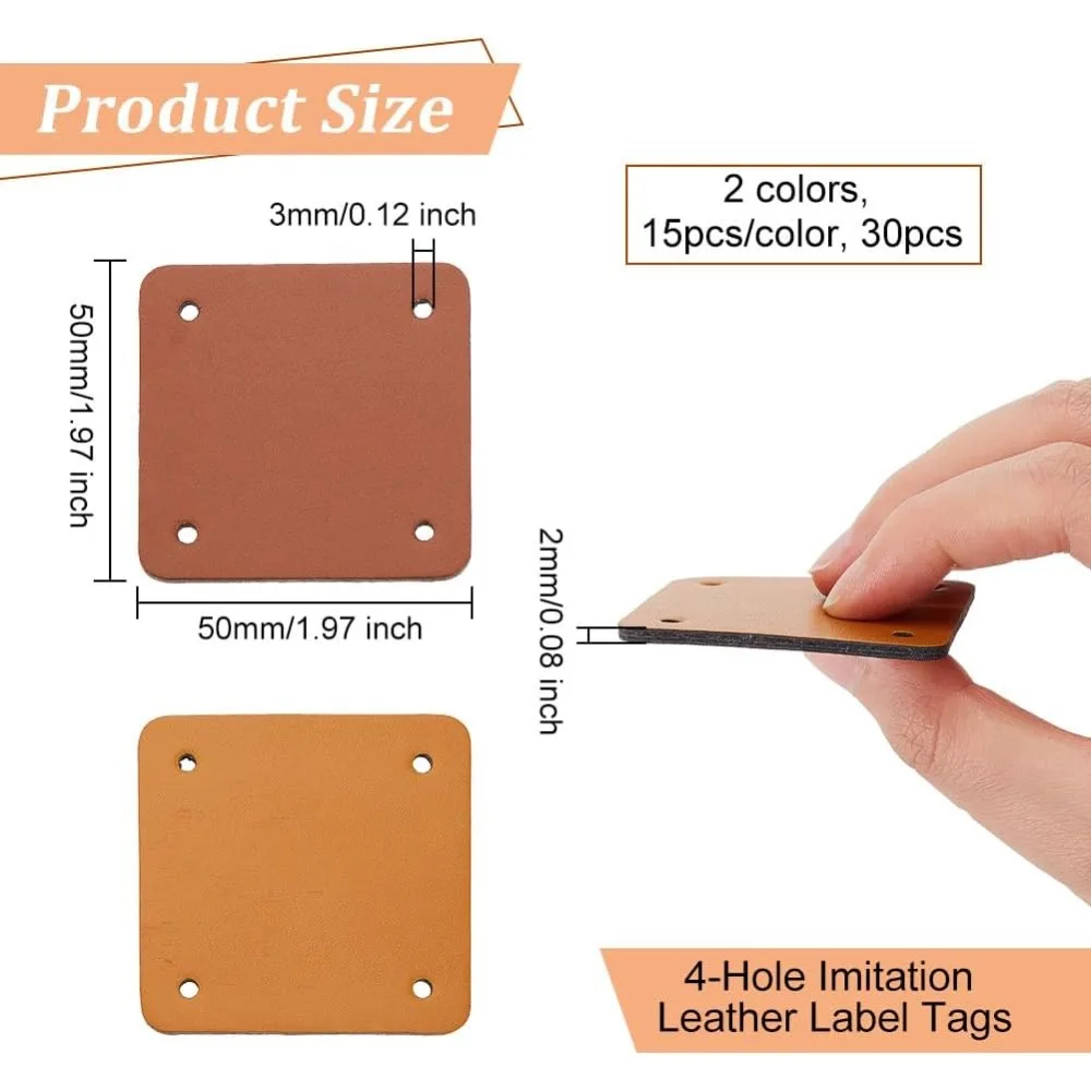 30Pcs 2 Colors 4-Hole Imitation Leather Label Tags for DIY Jeans Bags Shoes Hat Accessories Square Mixed Color 50x50x2mm