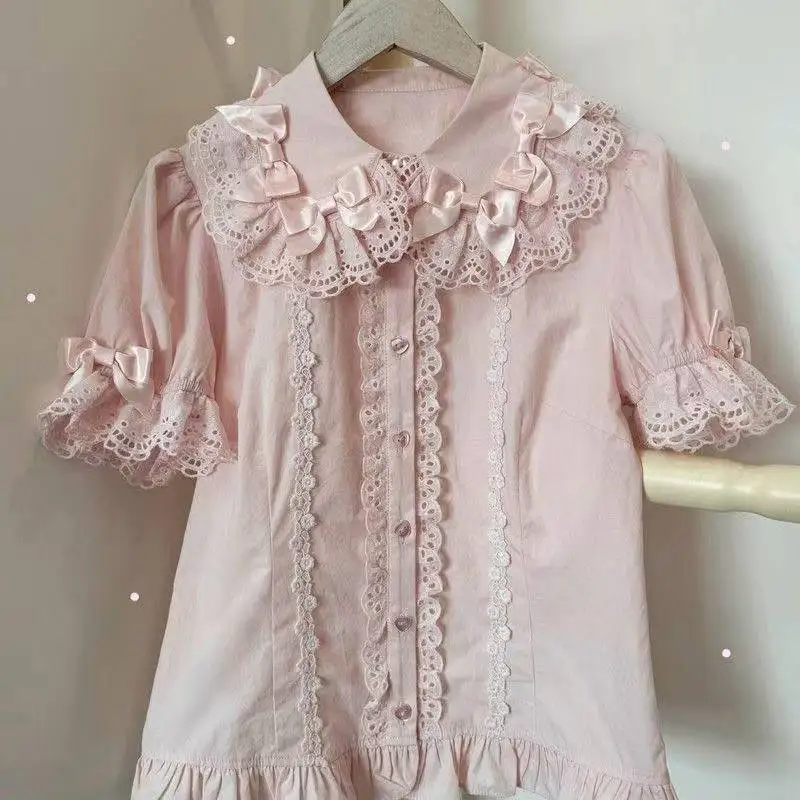 Camisas japonesas Kawaii Lolita para Mujer, Blusas ajustadas de manga corta abombada con volantes, Tops bonitos con lazo de encaje Y2K para Mujer