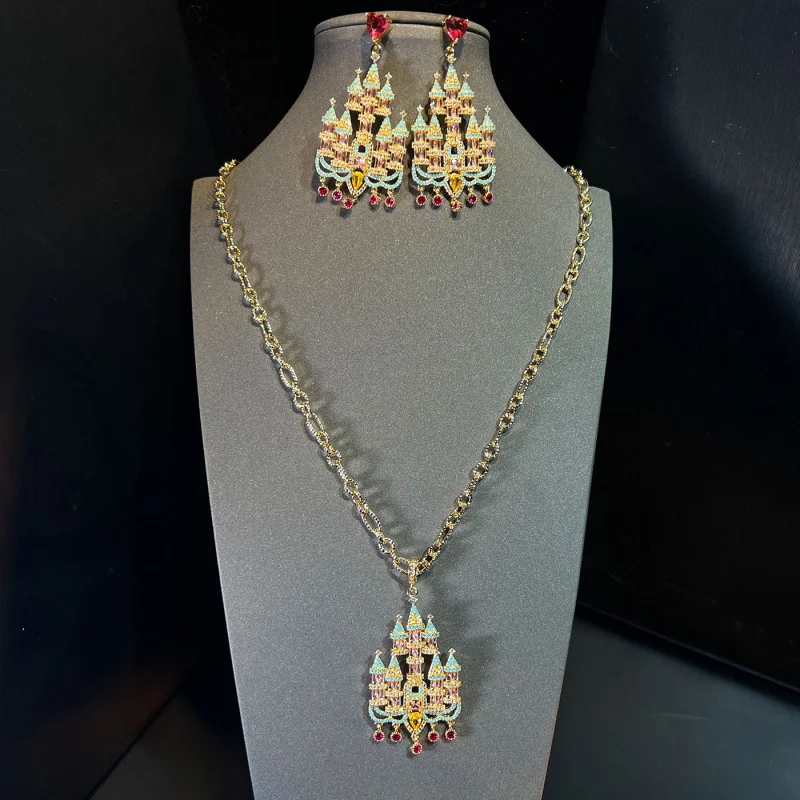 Sparkling Gold Tone Castle Design Jewelry Set with Multicolor CZ Stones Elegant Multicolor Jewelry