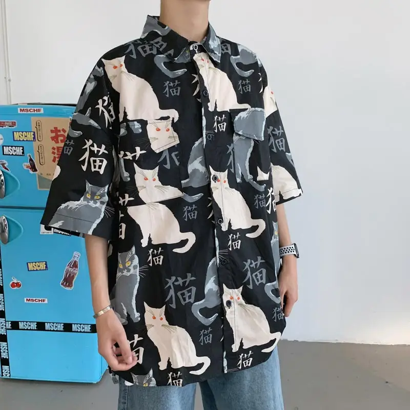 Cartoon Cat Print Short-sleeved Shirt for Women Summer Casual Cardigan Tops Beach Fashion Clothing Couple Unisex