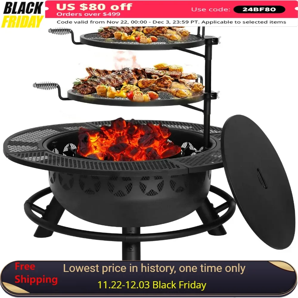 35 Inch Fire Pit with Cooking Grate & Charcoal Pan, Outdoor Wood Burning BBQ Grill Firepit Bowl with Cover Lid,