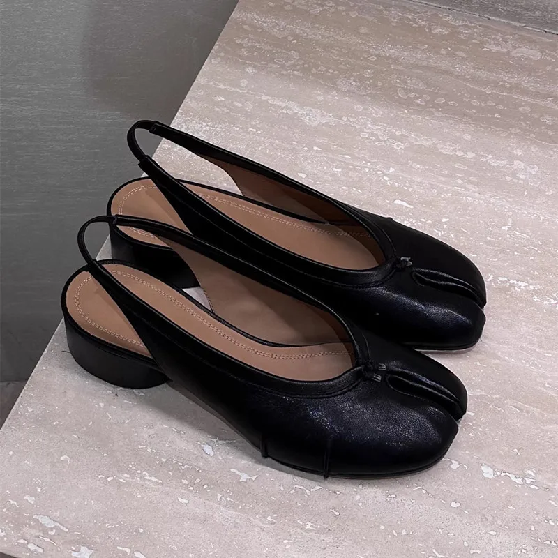 2025 Spring Summer Fashion Soft Leather Split Toe Women Pumps Casual Comfortable 3.5cm Low Heeled Slingbacks Tabi Ballet Shoes