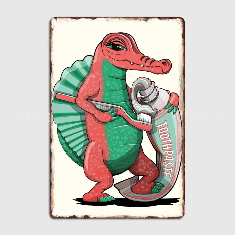 Dinosaur Brushing Teeth, Funny Dinosaur Bathroom Meat Gang Metal Sign Wall Cave Club Bar Custom Plaques Tin Sign Poster