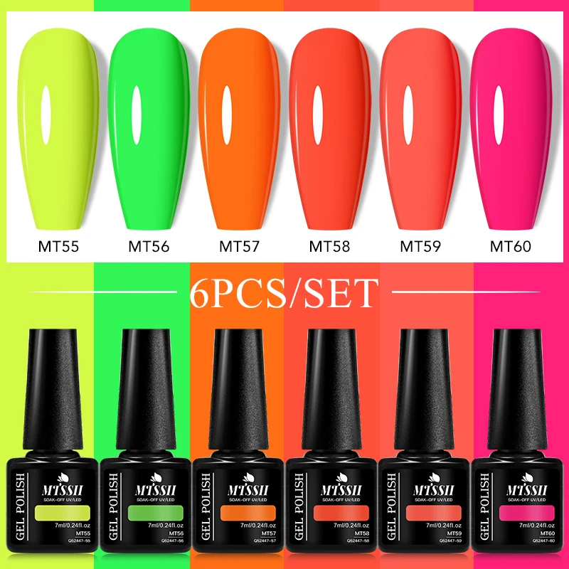 Mtssii 6Pcs/Set Fluorescent Gel Nail Polish Spring Summer Neon Color Semi Permanent Soak Off UV Nail Art Gel Varnish Kits