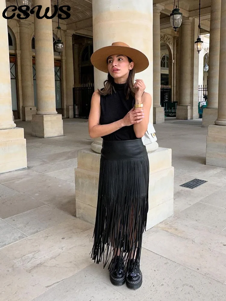 กระโปรงหนังยาวประดับพู่เซ็กซี่สำหรับผู้หญิง ทรงเอวสูง กระชับสะโพก ชุดราตรีแฟชั่น 2026 สไตล์สตรีทสำหรับฤดูใบไม้ผลิ