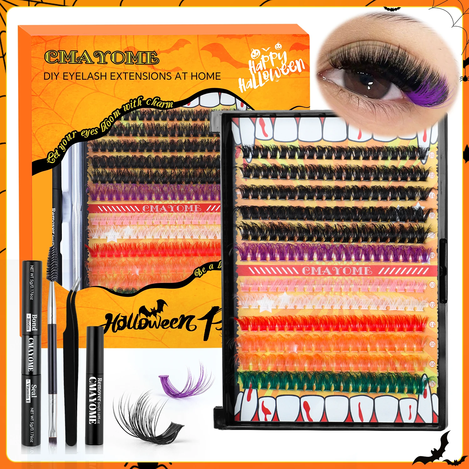 Dichtes Wimpernverlängerungs-Kit farbiges Halloween übertreiben Cosplay falsche Wimpern binden und Siegel entferner Pinzette Weihnachts geschenk