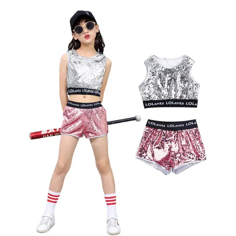 Girls Pink Sequin Crop Tops Shorts Jacket Dancewear Costume Hip Hop Modern Jazz Dance Stage Performance Wear image 6