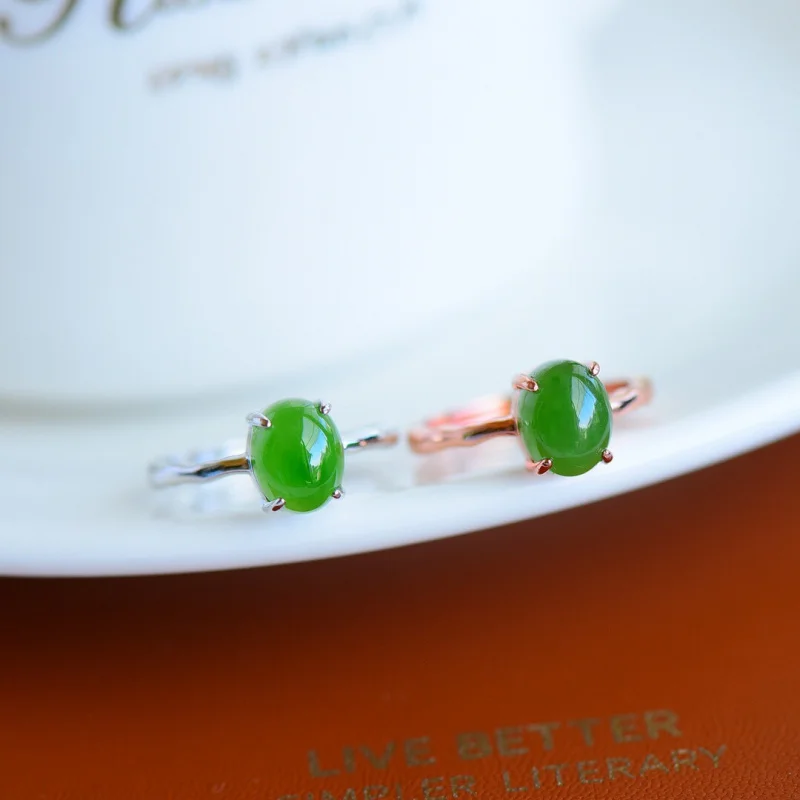 

Женское кольцо из натурального нефрита Хэтянь с овальной поверхностью из яшмы S925, серебряное кольцо с четырьмя когтями и рамкой