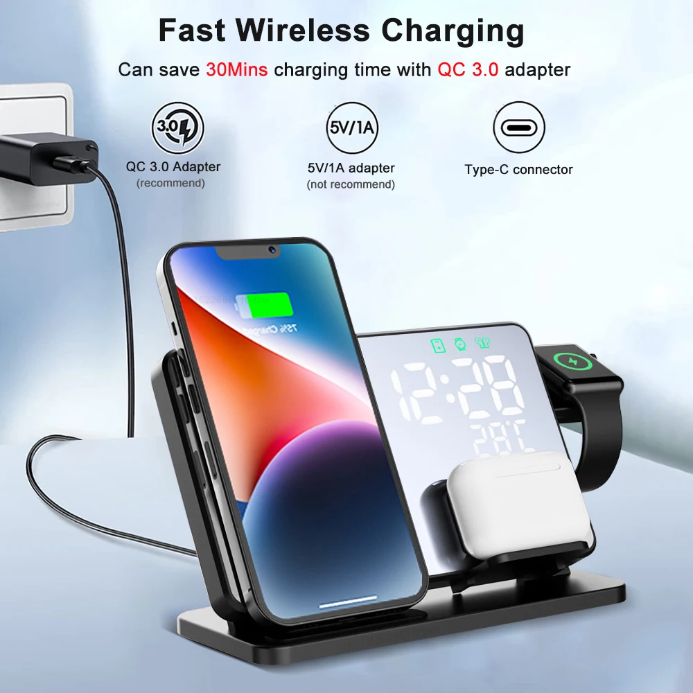 

Беспроводное зарядное устройство 4 в 1 для iPhone 14 13 12 Pro Max, станция для быстрой зарядки для Apple Watch 8 7, зарядная подставка с будильником
