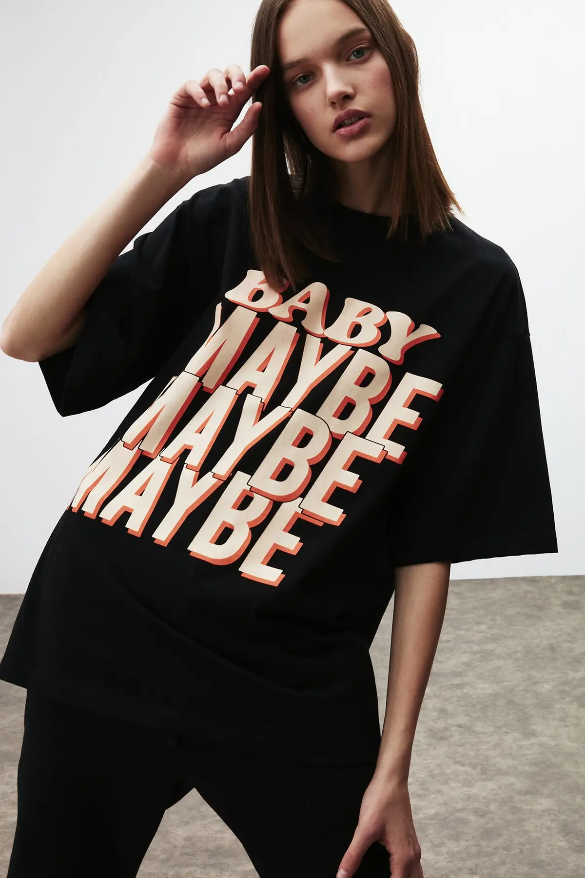 Maybe Women Black-White Printed Oversize T-shirt