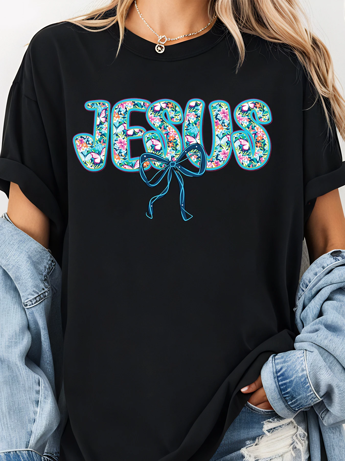 T-shirt surdimensionné imprimé Floral jésus avec nœud pour femmes, Streetwear décontracté, haut tendance