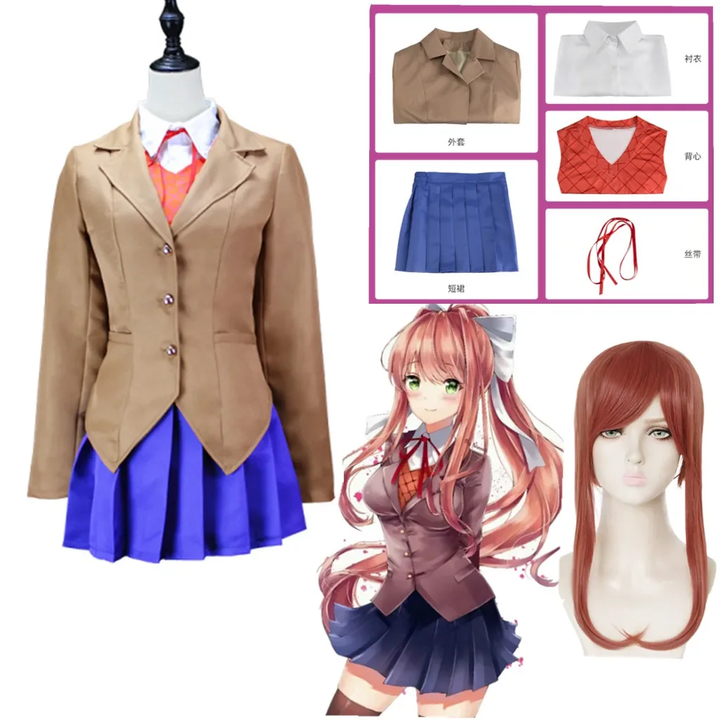 Disfraz de Doki Literature Club Monika, Cosplay de Sayori Yuri Natsuki, conjunto de peluca, uniforme escolar para niña y mujer