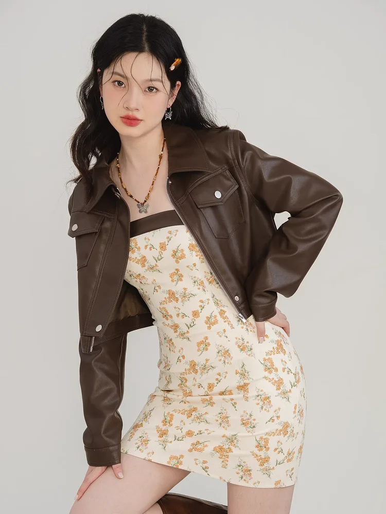 American Vintage Sweet Hot Girl Style Coffee Color Women\'s Leather Jacket Autumn New Design Sense Short Motorcycle Jacket Top