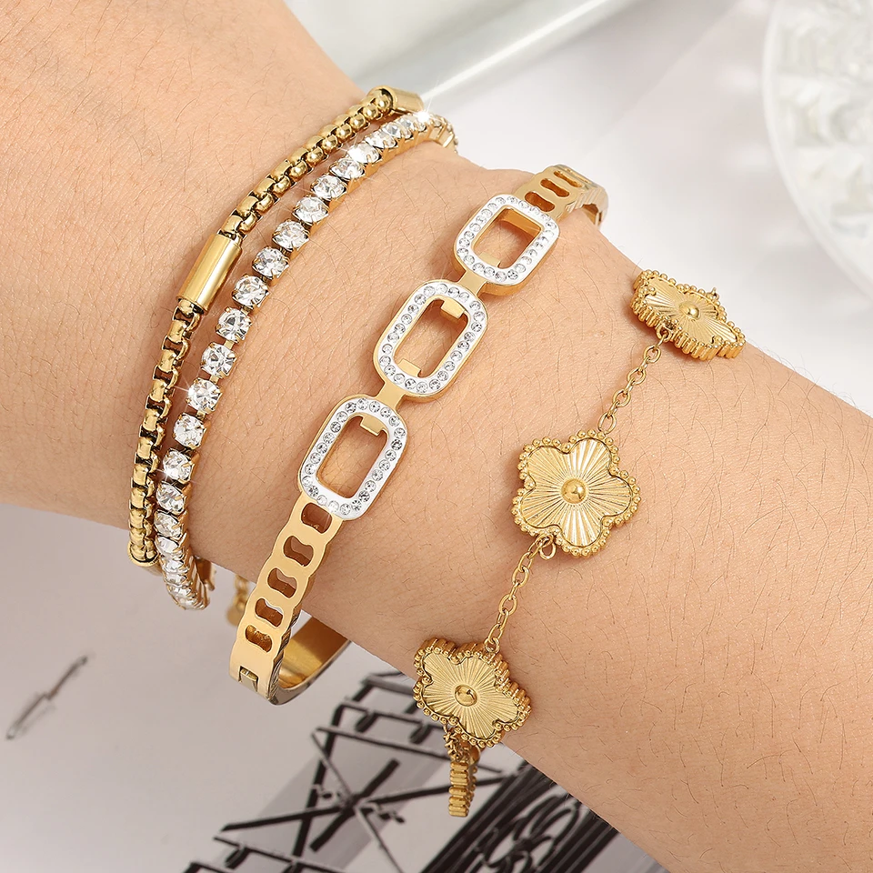 ZAKOL 3Pcs Gold Color Stainless Steel Stacked Bracelet Bangles for Women Geometric Five-Leaf Flower Zircon inlaid Bracelet Gift image 6