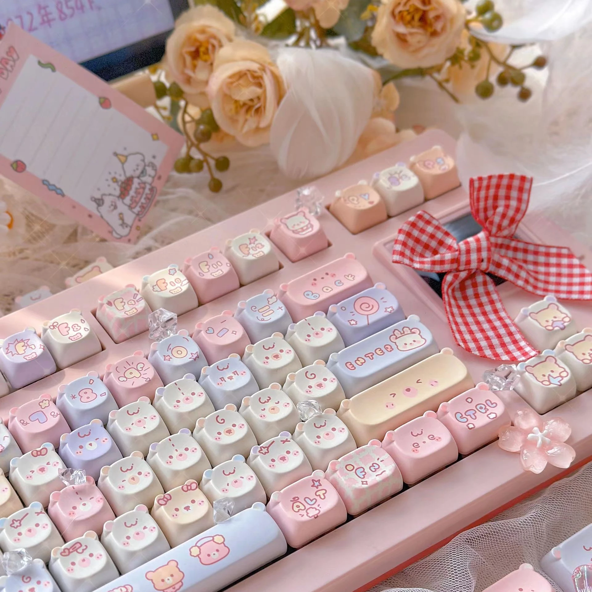 Cute Bear Head Keycaps EAO  Profile PBT Square Key Cap Thermal Sublimation Mechanical Keyboard Cat Keycap Set For Girls Gift