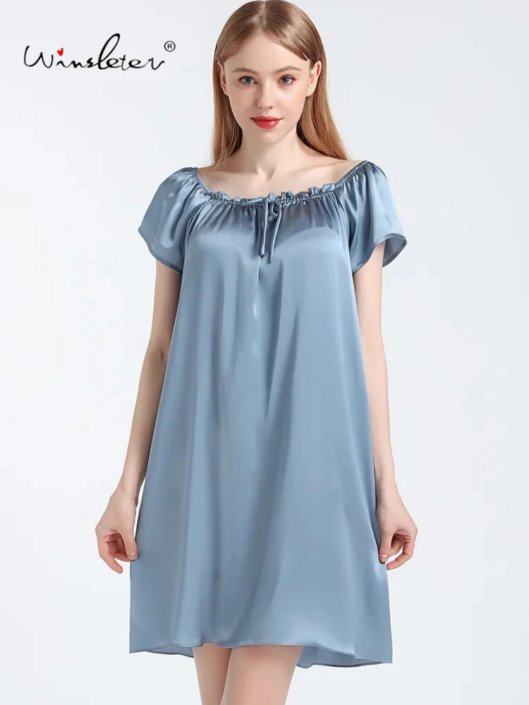 

2024 Summer Short Sleeves,100%Mulberry Silk Solid Nightdress,Women Home Clothes Can Be Worn Outside Sexy Nightwear P38862QC