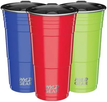 Wyld Gear Party Cup 24oz 3 Pack Red + Lime + Royal Blue Stainless Steel Reusable Metal Cup with Lid