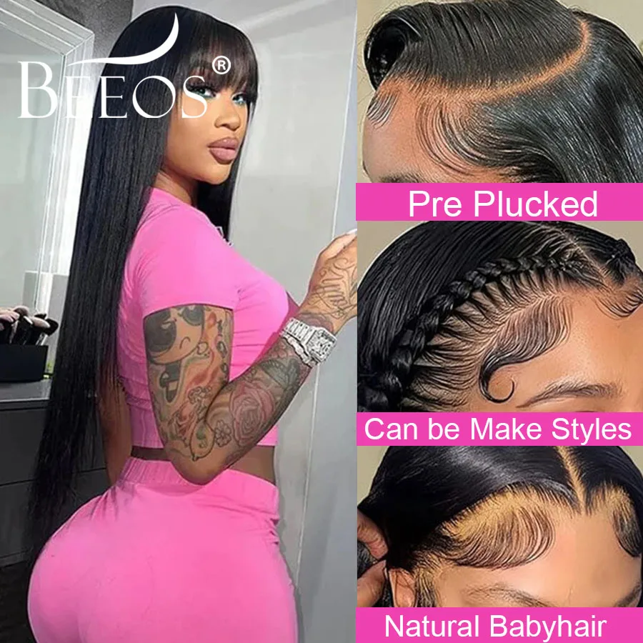 Silky Straight Wig With Bangs 13x6 HD Lace Full Frontal Human Hair Wigs Brazilian Hair Skinlike Deep Part Pre Plucked For Women