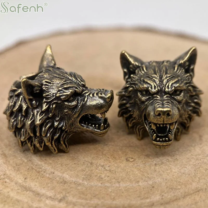1PC Brass Wolf Head Brass Knife Beads EDC Outdoor DIY Handmade Woven Lanyard Pendants Umbrella Rope Bracelet Charms Accessories