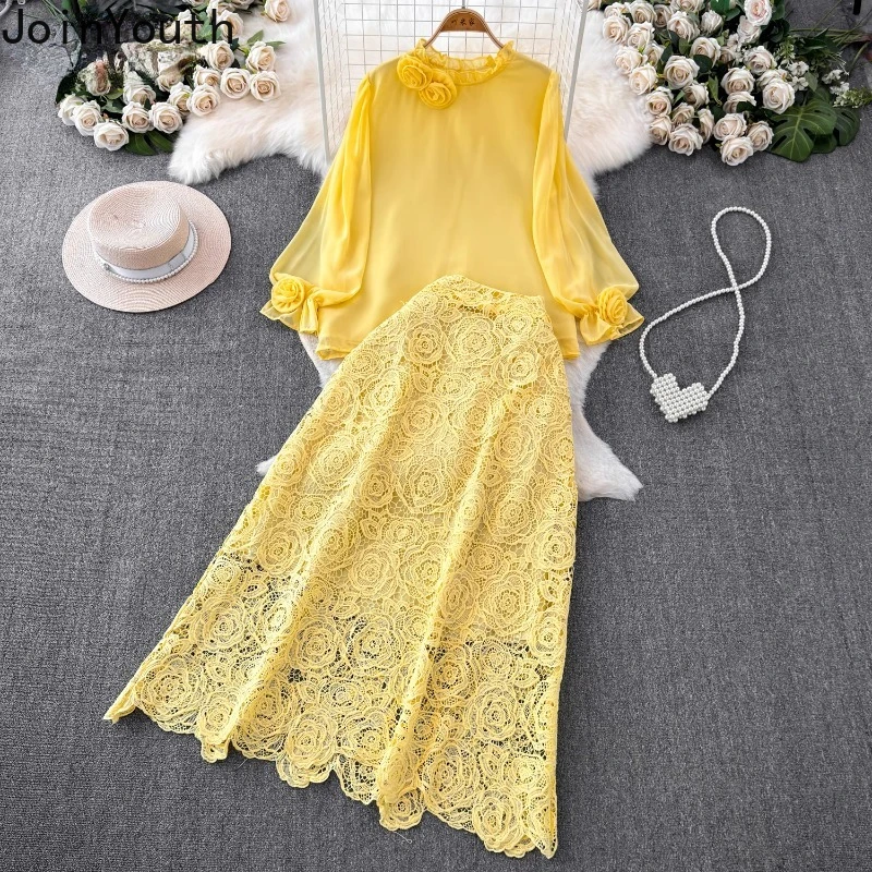 Women 2 Piece Sets Elegant Vintage O-neck 3D Flower Chiffon Shirts Hollow Out Lace Bodycon Skirts Suit Summer Two Piece Set