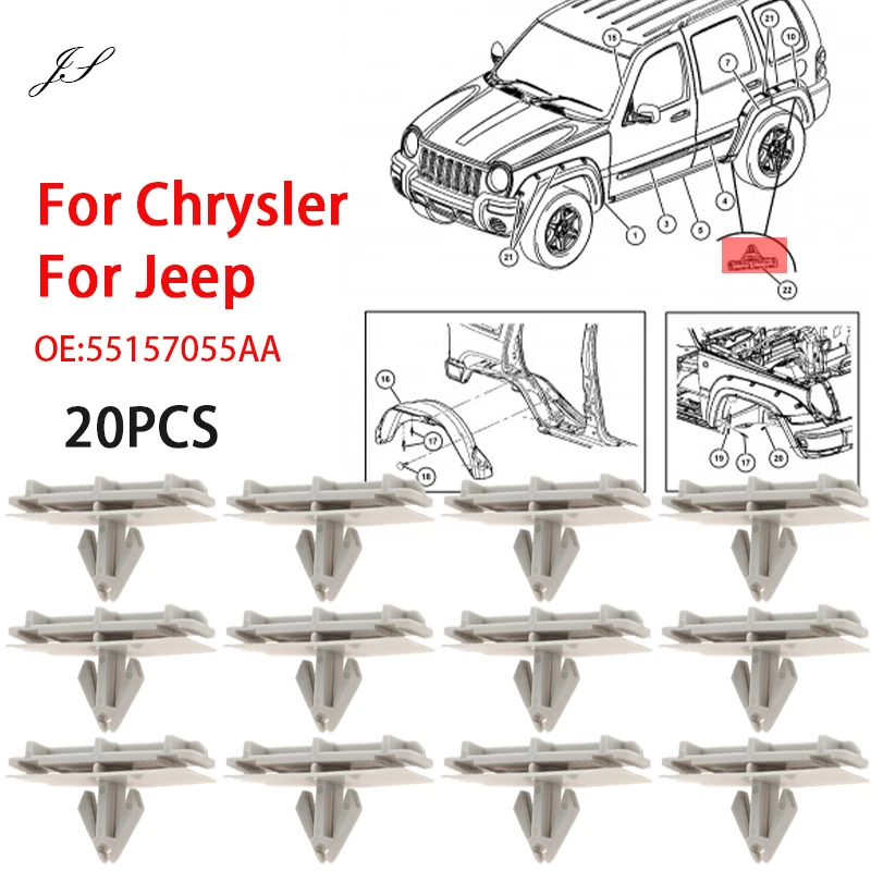 20pc Car Fender Flare Moulding Clips Fastener Rivet Retainer Gray 55157055-AA For Chrysler Jeep Liberty Wrangler Car Accessories
