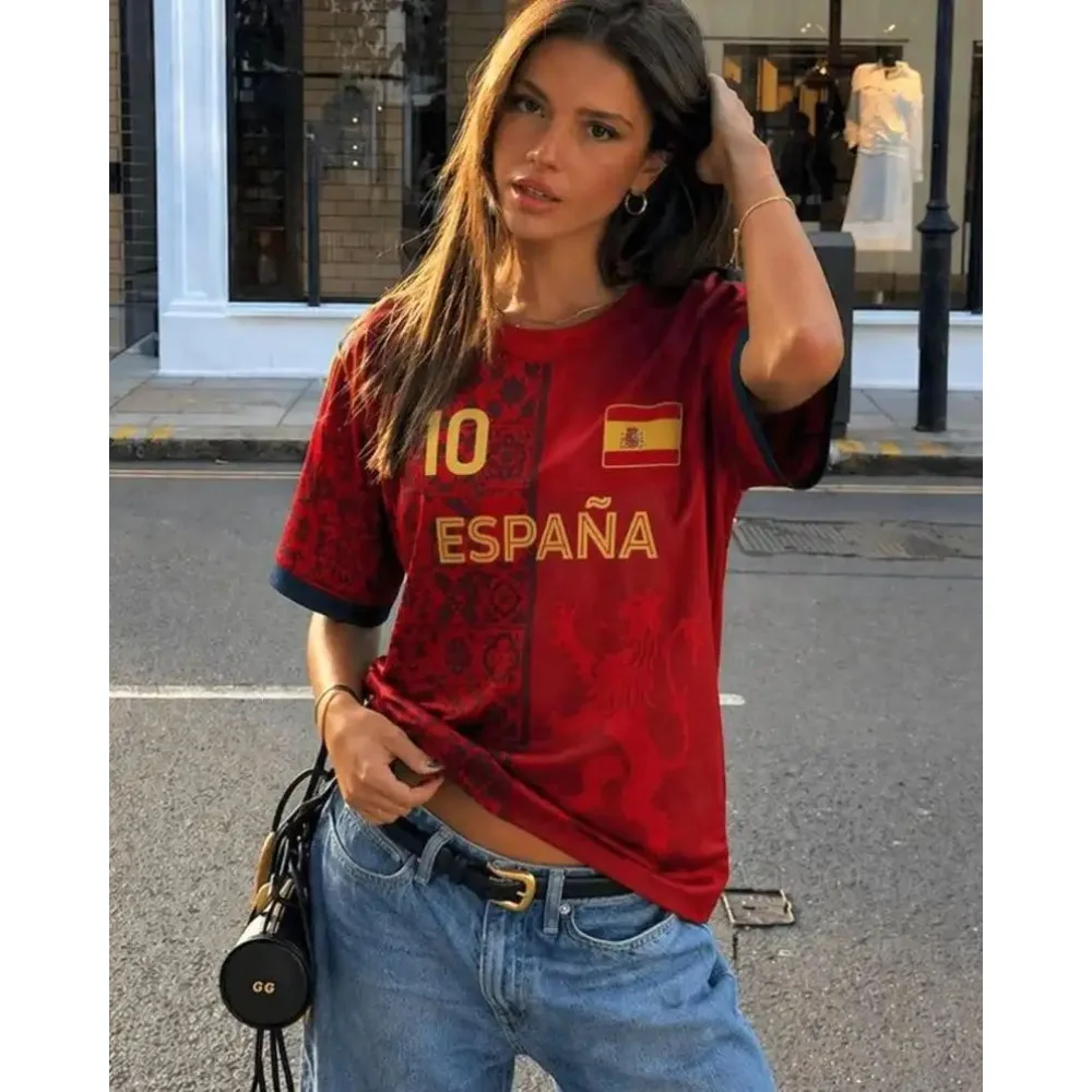 New Women Spain 10 Flag Soccer Fan T-Shirt Crewneck Short Sleeve Breathable Quick Dry Streetwear Casual Football Shirt Fashion