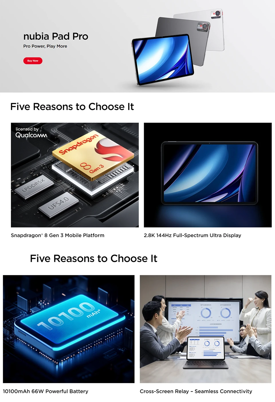 Global Version Global Version Nubia Pro Pad Snapdragon® 8 Gen 3 10.9" 2880×1800 144Hz TFT 13MP+20MP 10100mAh 66W NFC