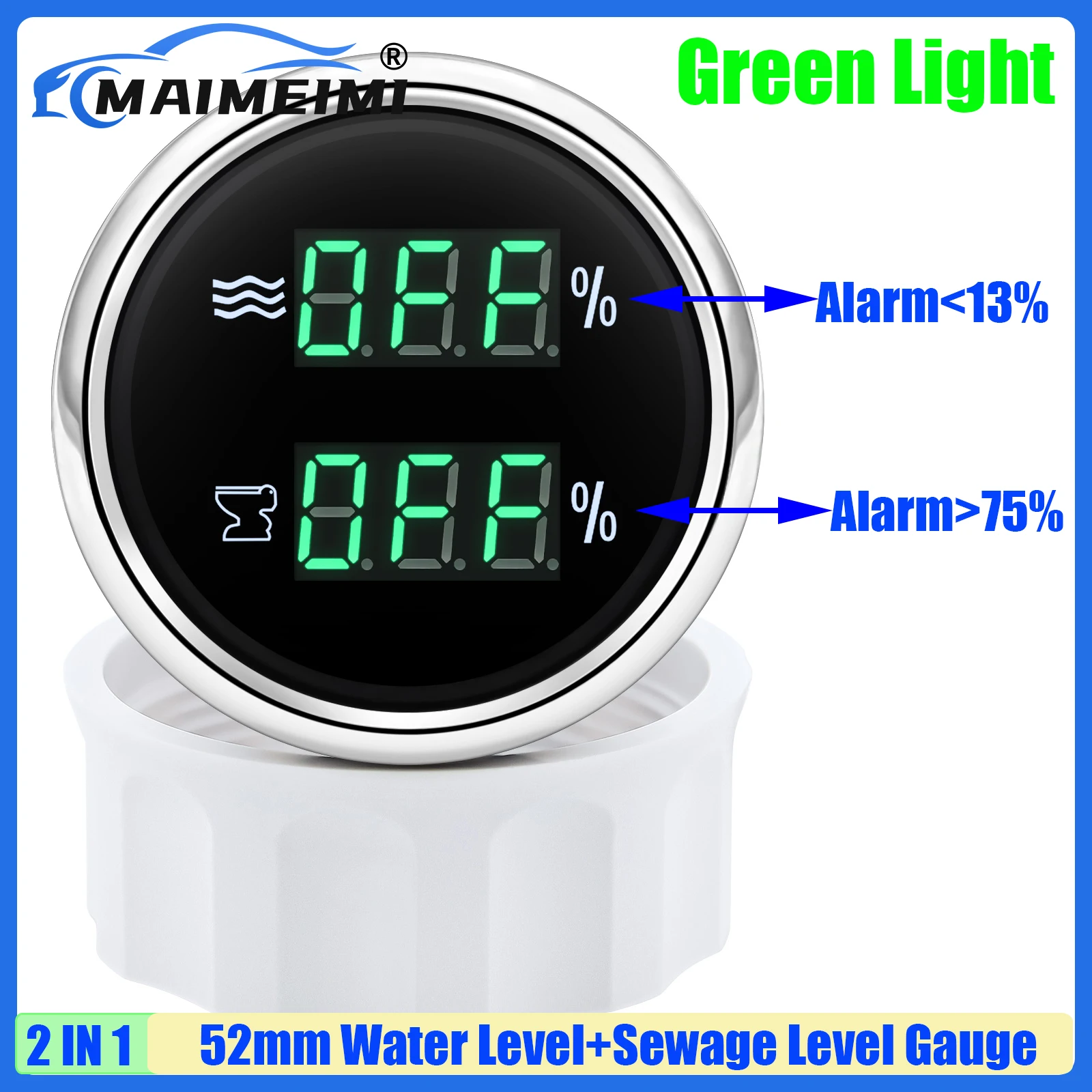 

MAIMEIMI Green LED 2IN1 Dual 52mm Gauge Car Digital Water Level+Sewage Level Meter with Flash Alarm 0-190ohm,240-33ohm,0-90ohm