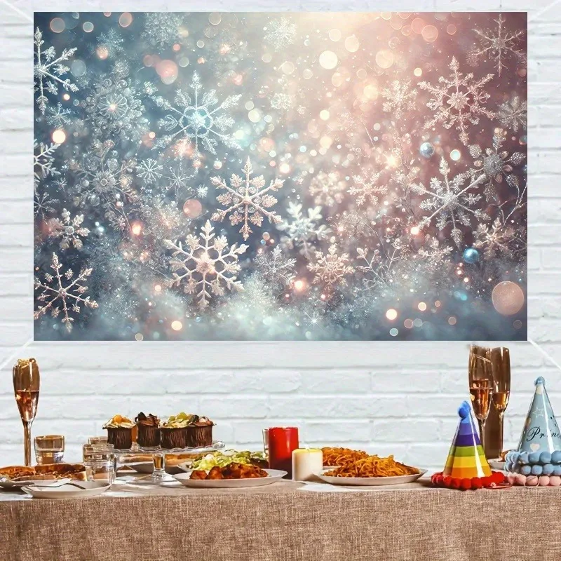 2D Flat, Large Horizontal Snowflake Tapestry - Falling Snowflakes Winter Scene Wall Hanging, Soft Falling Snow Design for Christ