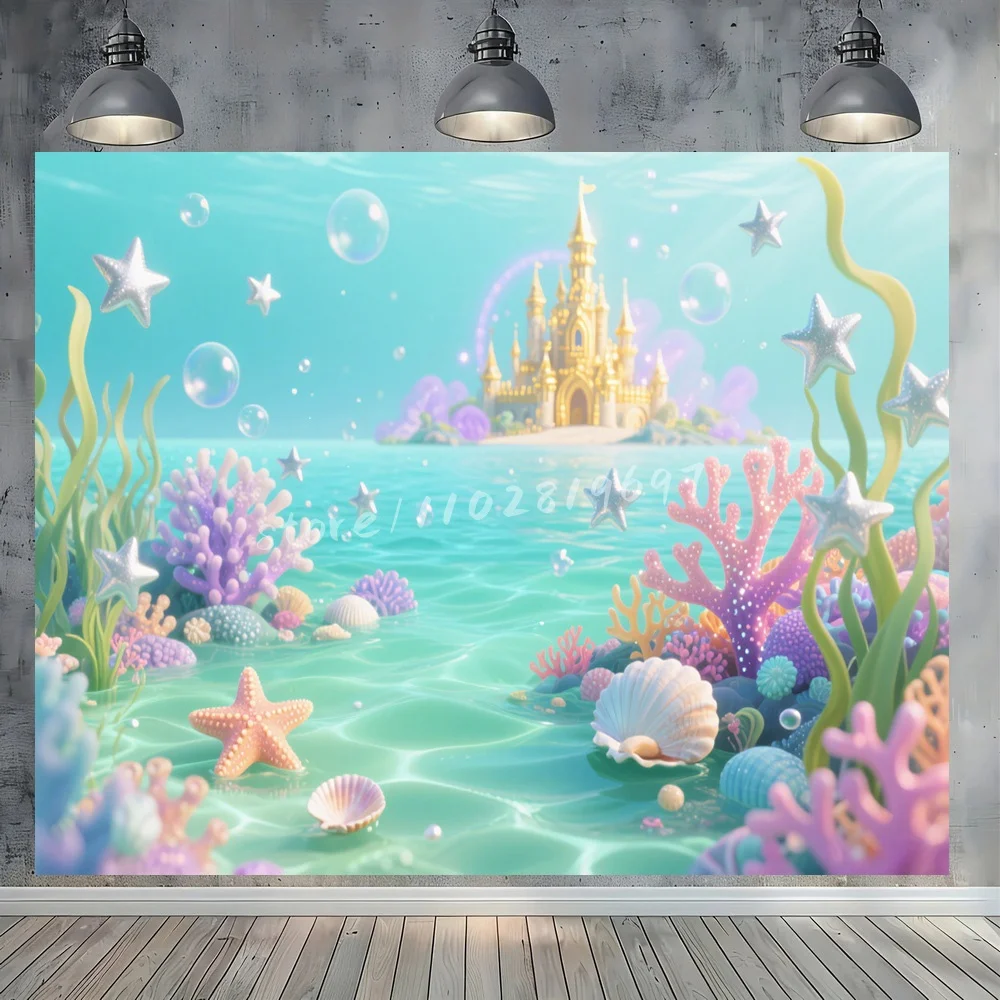 Underwater Fairy Tale Mermaid Castle Vinyl Backdrop Under the Sea Birthday Party Background Coral Reef Starfish Decorations