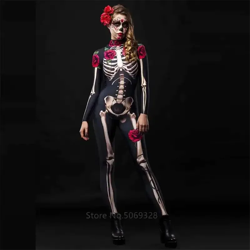 CySkeleton Rose Sexy Women Halloween Devil Ghost Jumpsuit Party Carnival Performance Scary Costume Kids Baby Girl Day Of The Dea