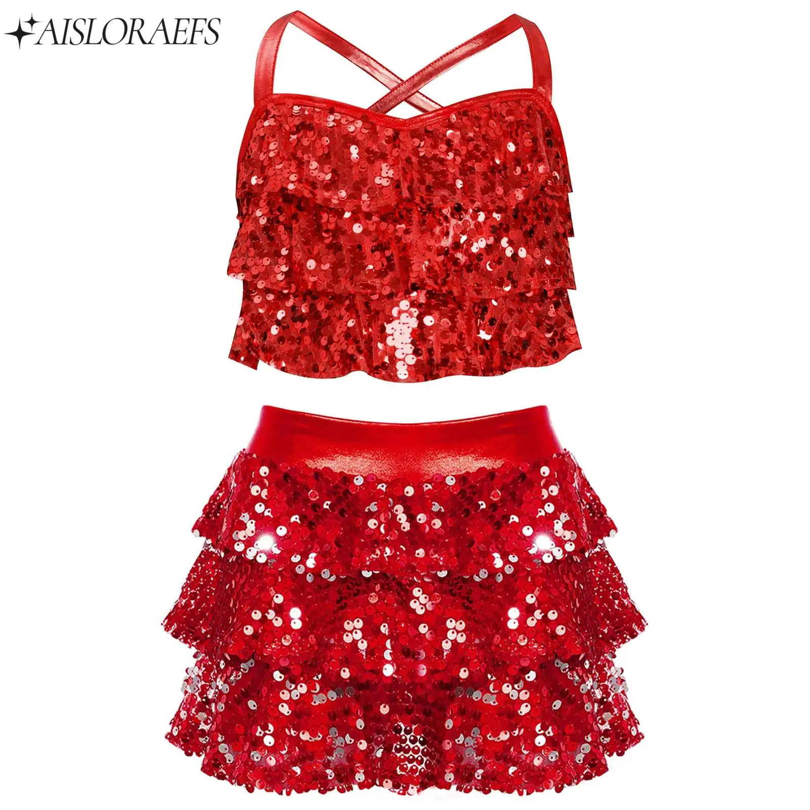 

Girls 2Pcs Glittery Sequins Jazz Dance Outfit Dancewear Sets Metallic Crop Top with Skirted Shorts Teens Birthday Party Costumes