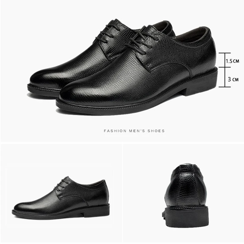 Business Men Leather  Elevator Shoes Man Height Increase Insole 5CM  Black British Lift