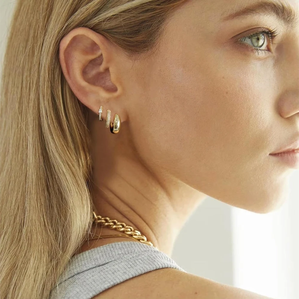 3pair/set 18K Gold Plated Chunky Hoop Earrings for Women CZ Zircon Stackable Cartilage Tiny Huggie Earring Jewelry Girls Gift