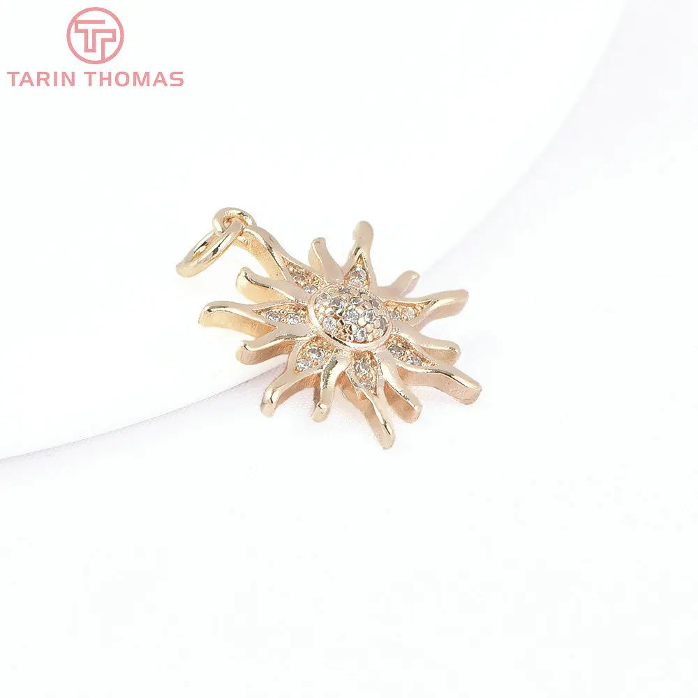 (8240) 2PCS 21x22.5MM 24K Gold Color Brass with Zircon Sun Flowers Pendants High Quality DIY Jewelry Making Findings Accessories