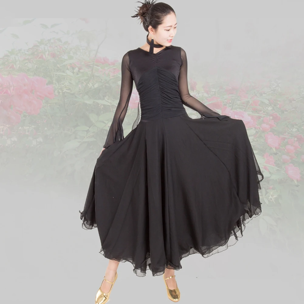 Strój na zawody taneczne, standardowy, z siateczki i wstążek, sukienka do tańca towarzyskiego z długim rękawem, sukienka do walca z dekoltem w serek, kostium do flamenco.