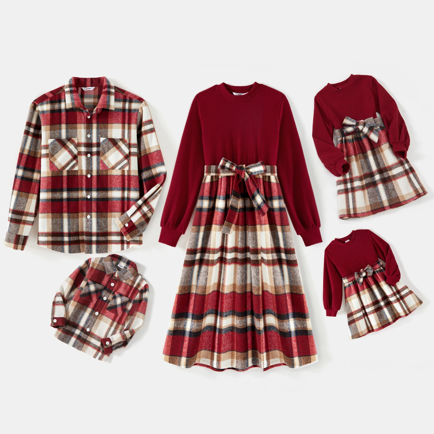 PatPat Family Matching Solid Ribbed Spliced Plaid Belted Dresses and Long-sleeve Button Up Shirts Sets